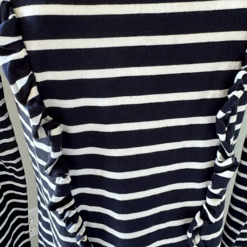 Boden Size 2 Long Sleeve T-Shirt Navy Blue‎ White Stripe Ruffles Scoop Neck Top - Picture 2 of 5